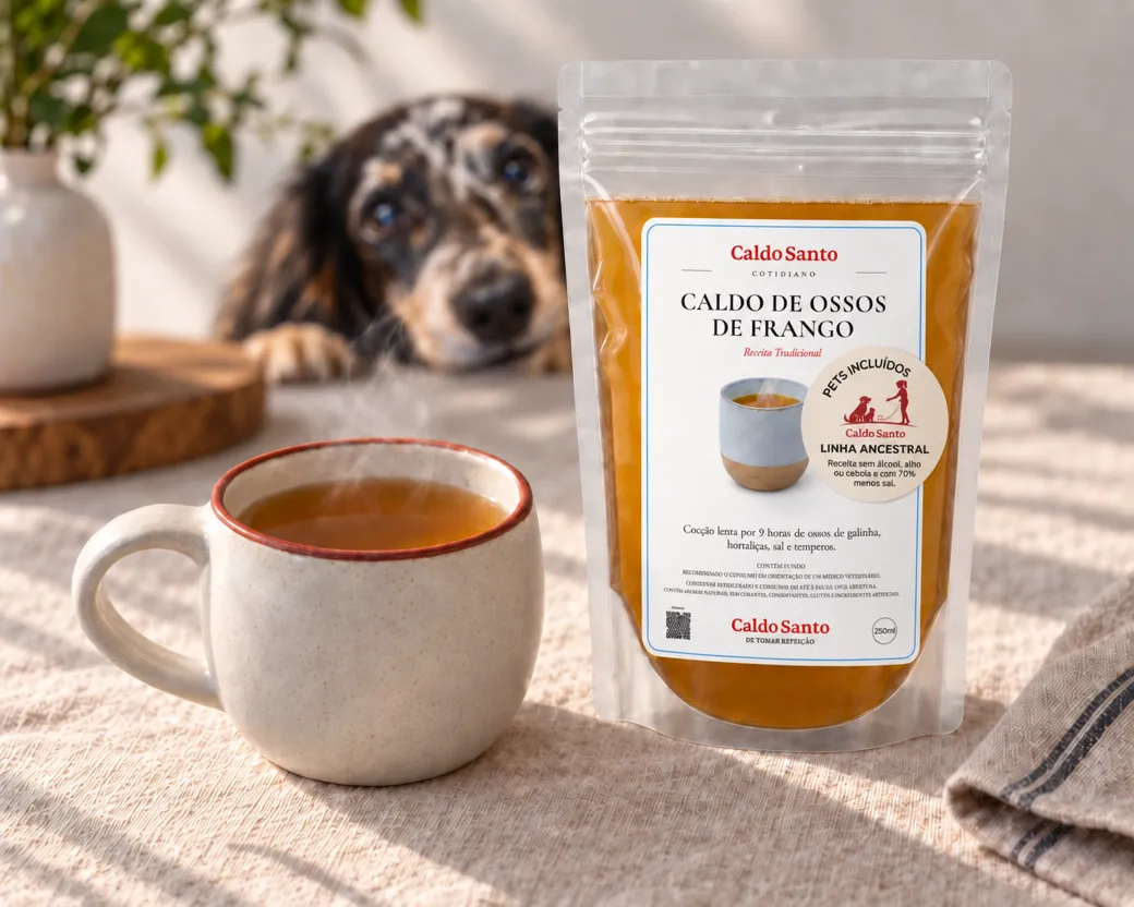 Cachorro dachshund segurando uma sacola Caldo Santo, Linha Ancestral: receita sem álcool, alho ou cebola e com 70% menos sal