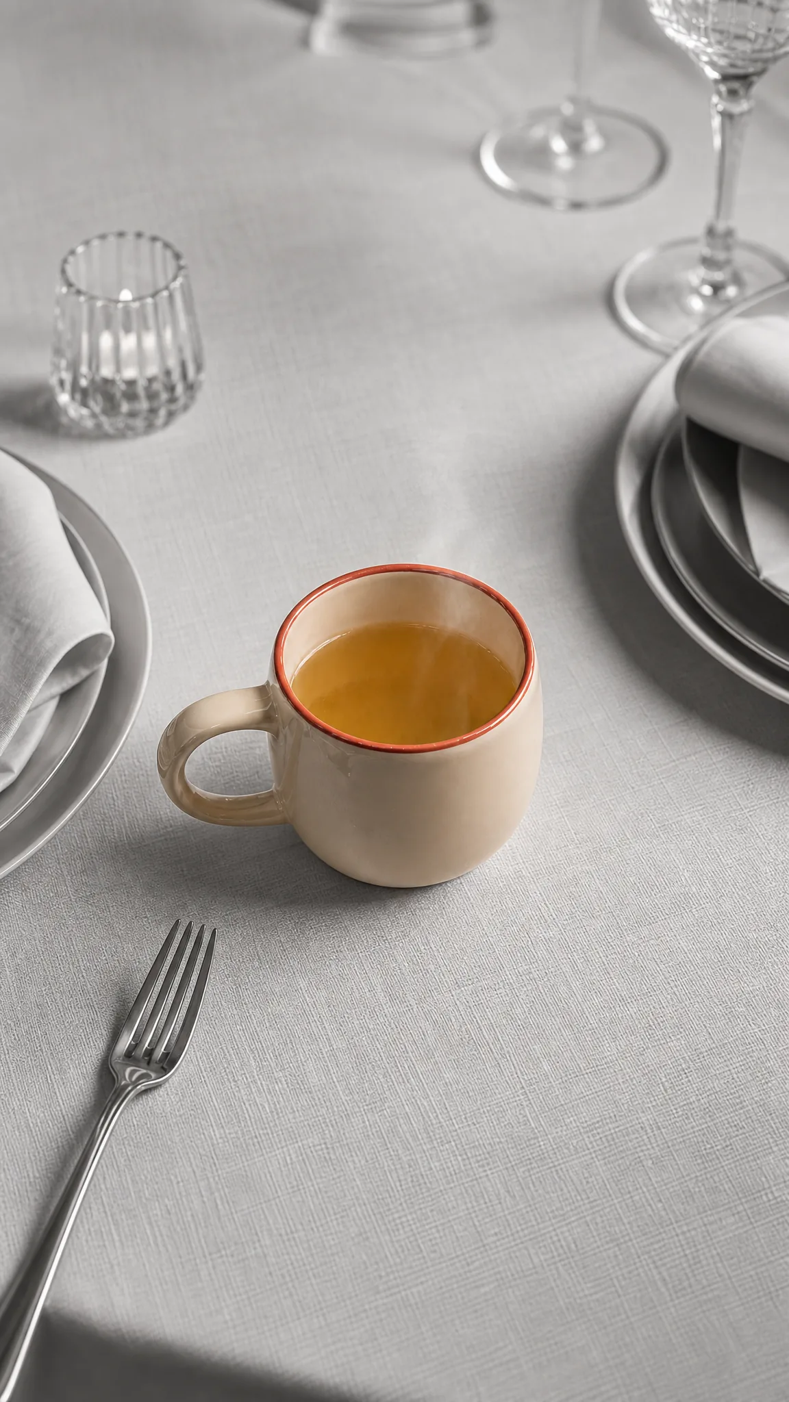 Caneca de caldo dourado sobre mesa posta de linho claro
